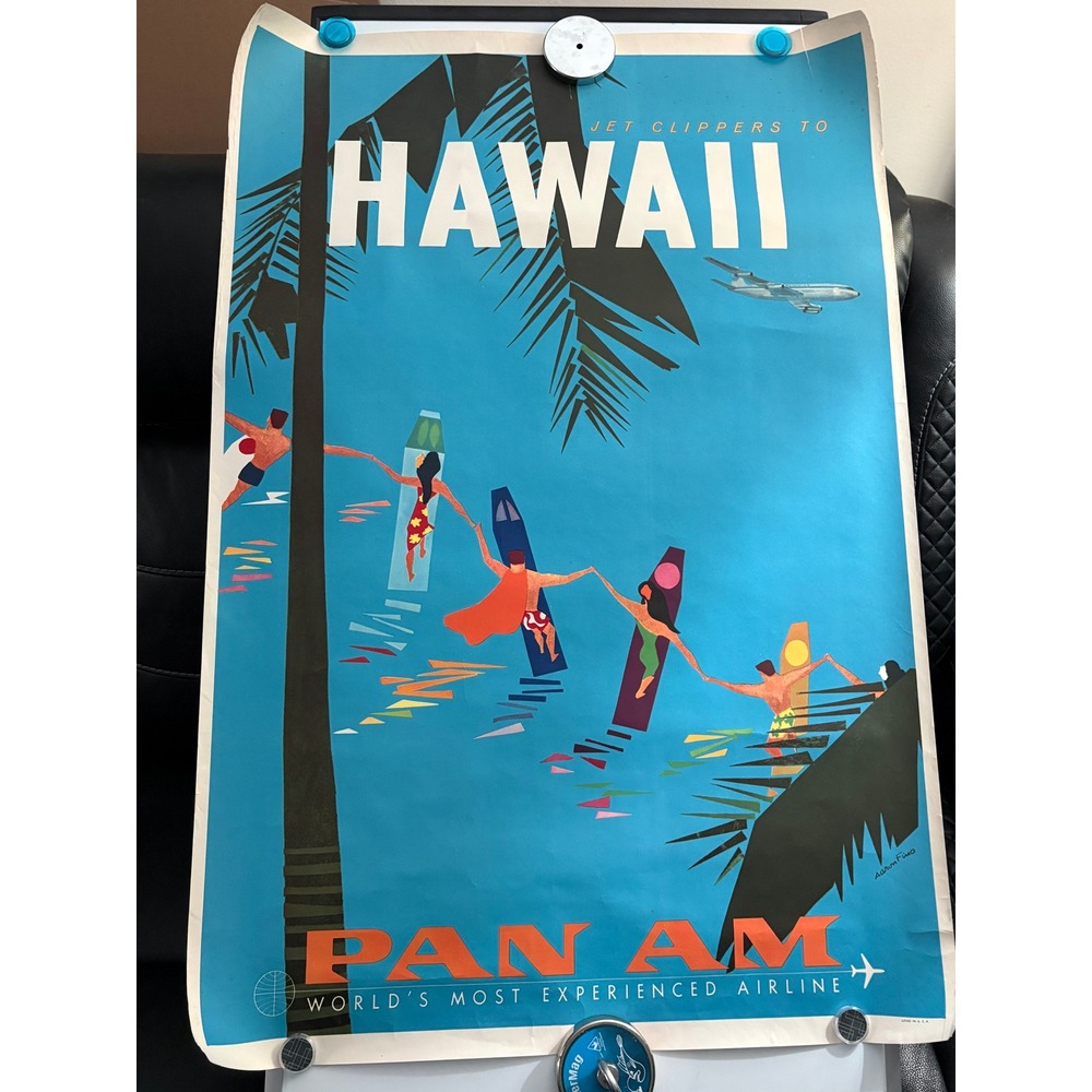 Vintage Original Pan Am Hawaii Jet Clippers Travel Poster A. Fine Surfing Litho